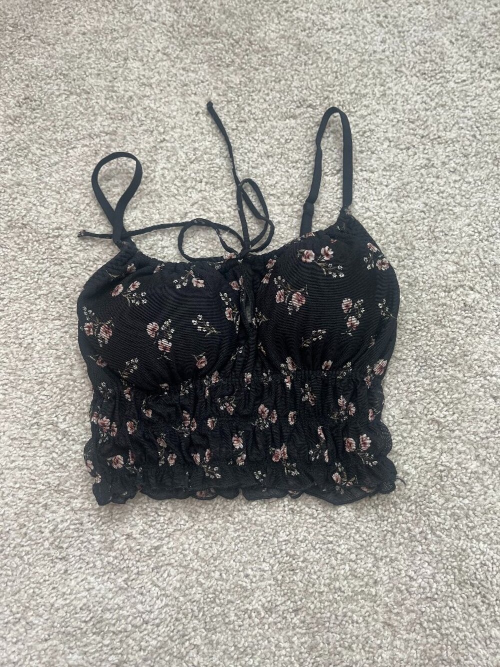 Molly Bracken Black Floral Mesh Corset Crop Top Ruched Coquette Y2K